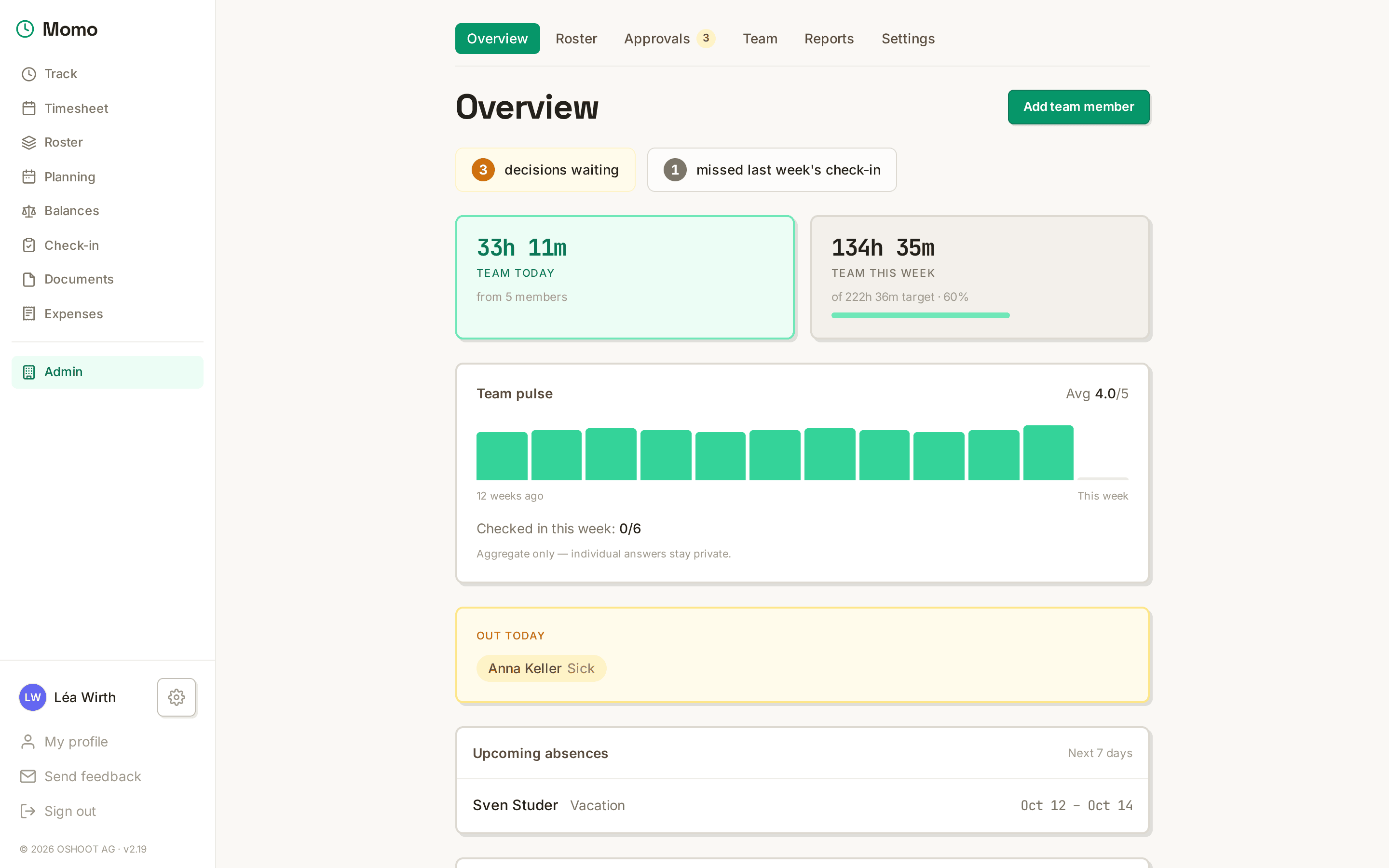 Momo admin Overview — KPIs, attention signals and upcoming absences