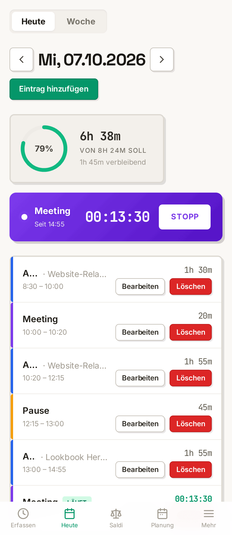 Momo Heute-Ansicht auf dem iPhone — Fortschrittsring und Zeiteinträge