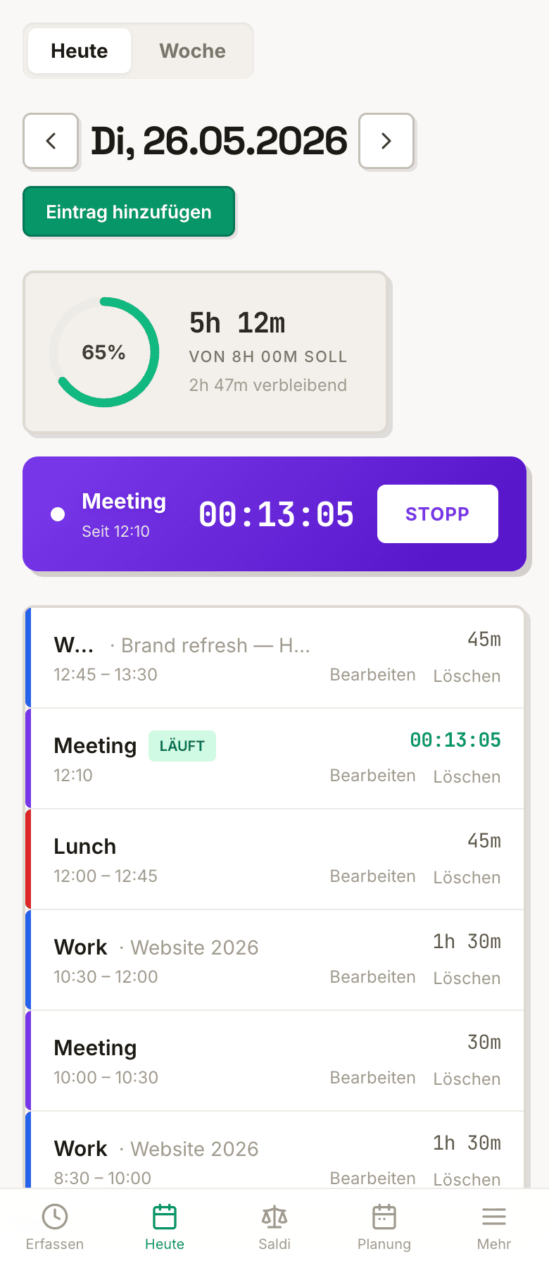 Momo Heute am iPhone — Fortschrittsring und Zeiteinträge
