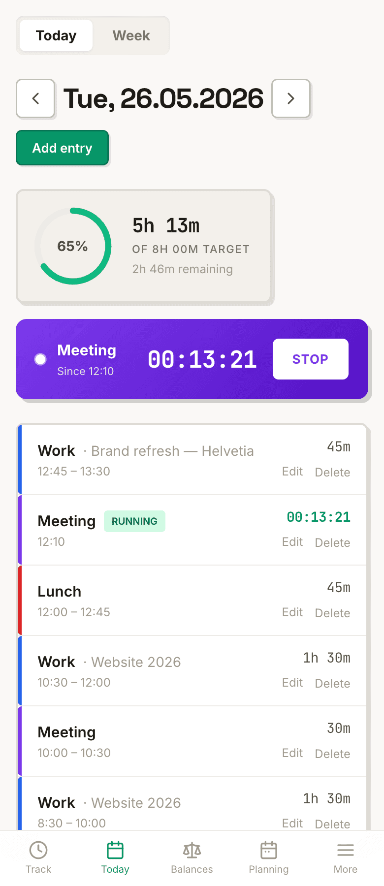 Momo Today view on iPhone — progress ring and time entries