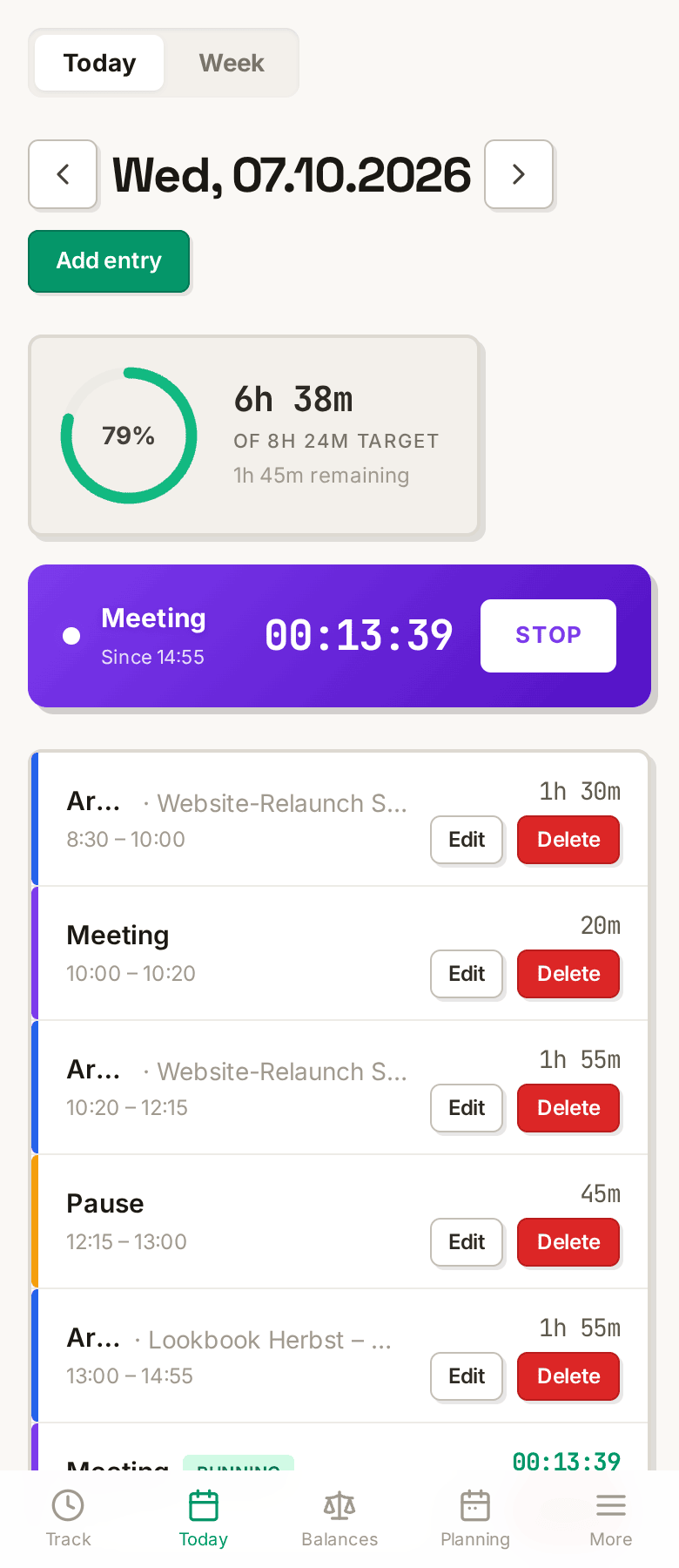 Momo Today view on iPhone — progress ring and time entries