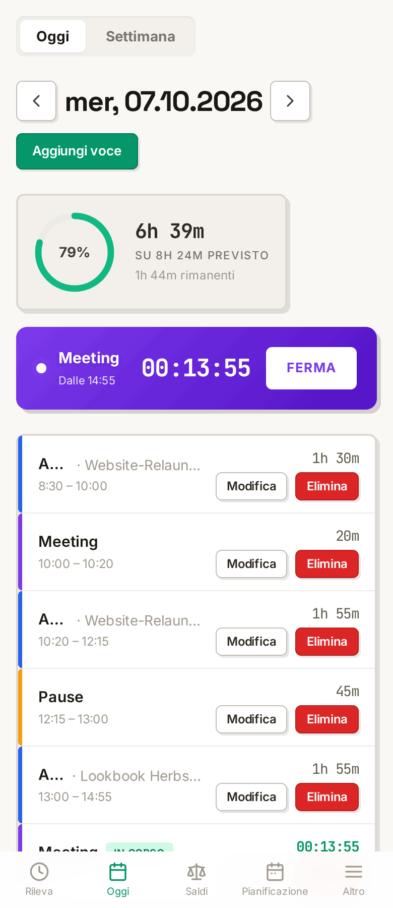 Vista Oggi di Momo su iPhone — anello di avanzamento e registrazioni