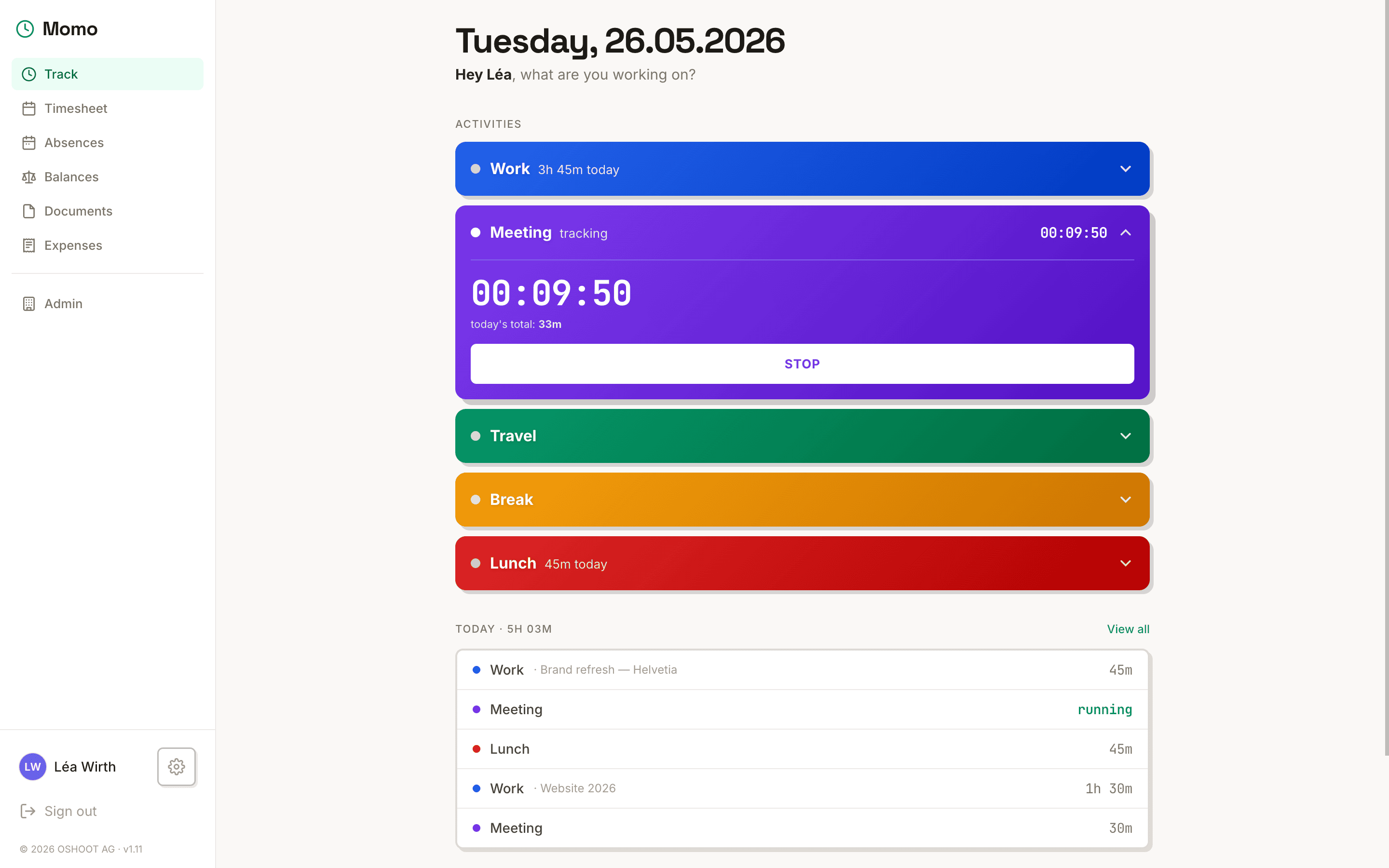 Momo Track view — activity tiles and quick-log shortcuts