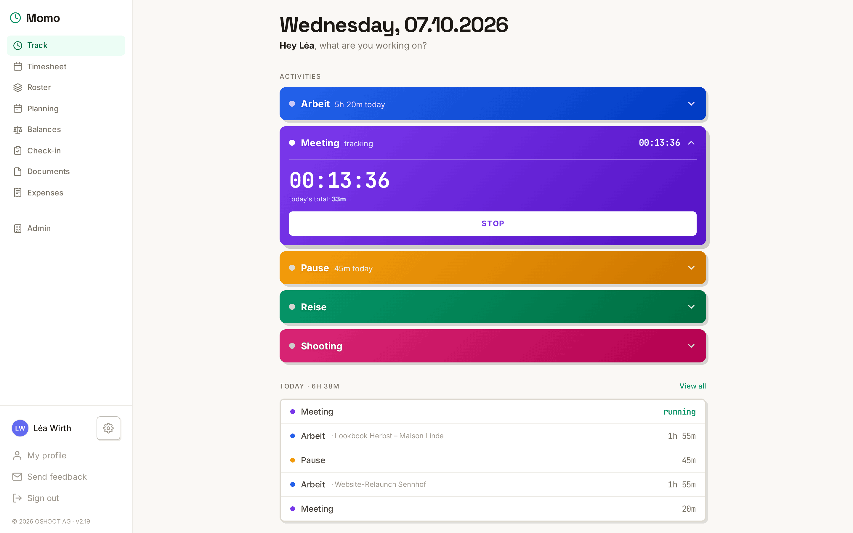 Momo Track view — activity tiles and quick-log shortcuts