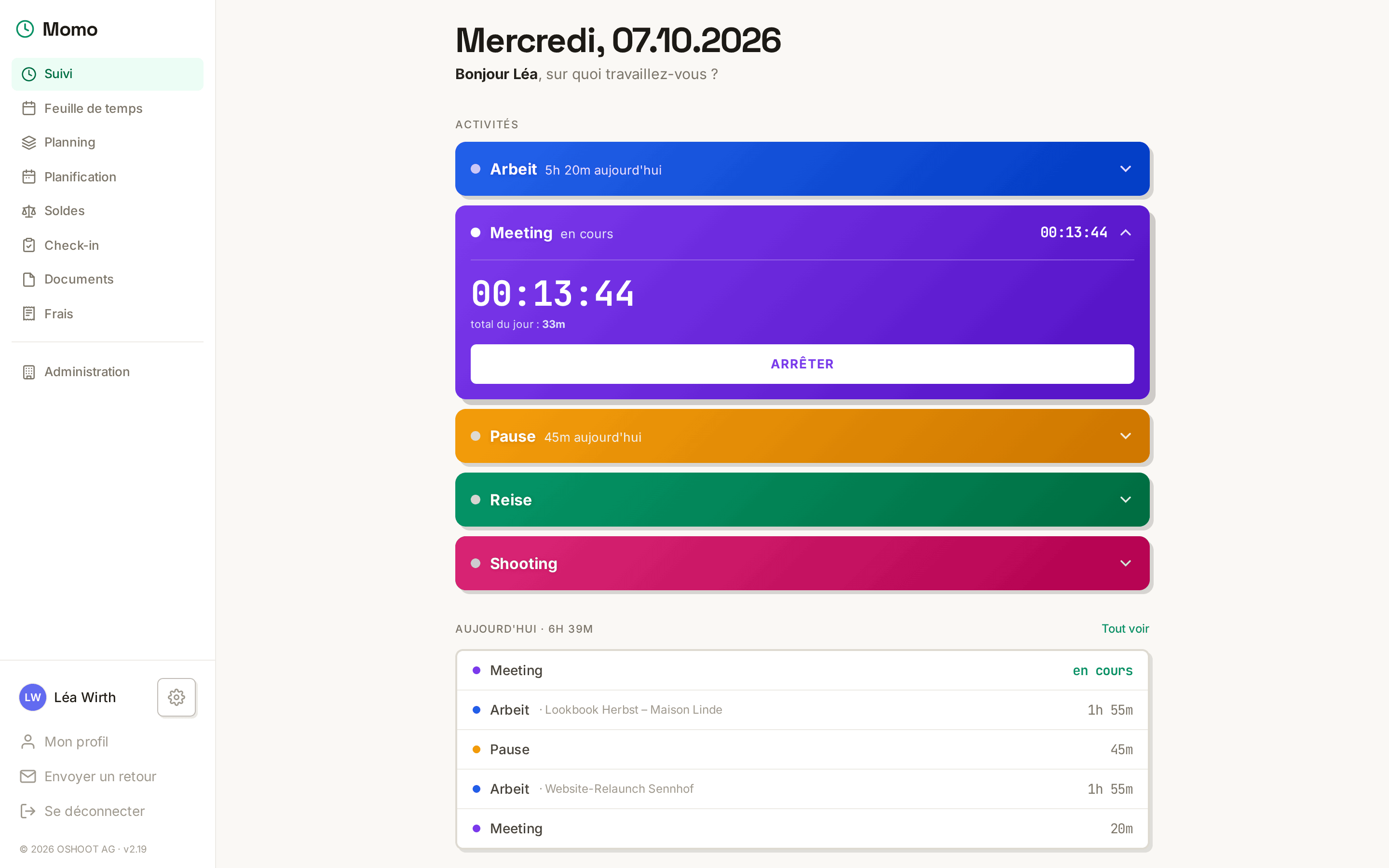 Vue Suivi de Momo — tuiles d'activité et raccourcis de saisie