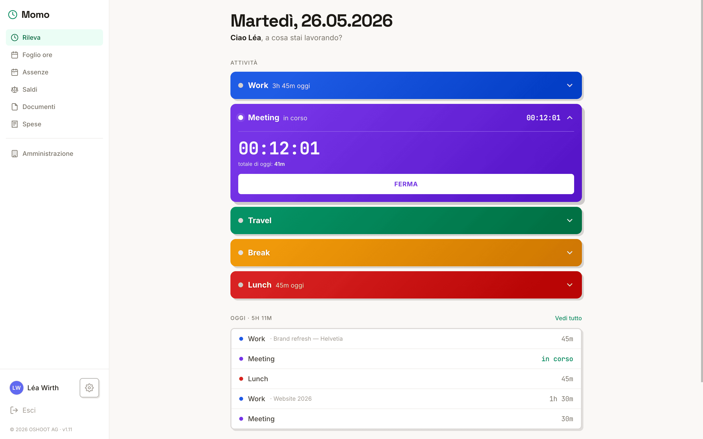 Vista Rileva di Momo — riquadri delle attività e voci rapide